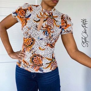 FREE PEOPLE Keyhole, Short Sleeve Fitted Tropical/Animal Print Top Size …